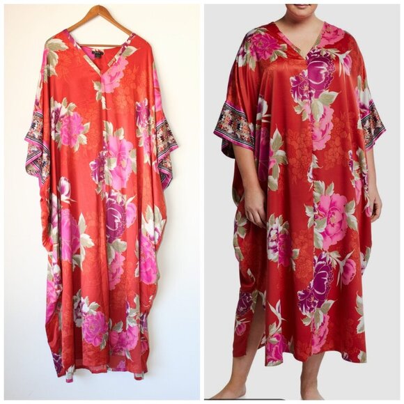 Natori Floral Caftan Maxi Dress Satin Kimono Size 2X Oriental Red Lightweight - Picture 1 of 9